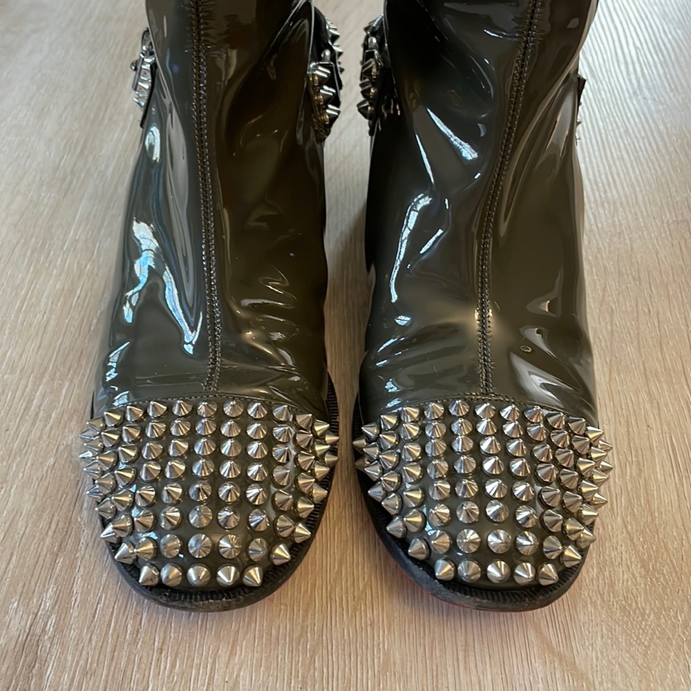 Christian Louboutin Olive Green Patent Leather Studded Knee Boots - Picture 2 of 12